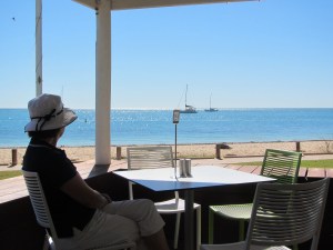 Morning coffe at Monkey Mia overlooking jewel-sea