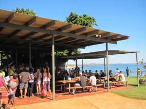 The mob turn out at the yacht club for a Sunday serve of fish and chips