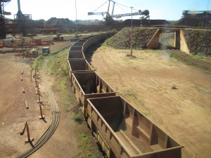 Part of an ore train that's just been emptied. Tipping wagons upside down, two at a time, without being uncoupled.