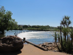 A rock stands as a traffic cop on the now closed Ivanhoe river crossing